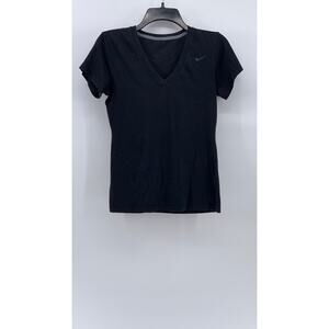 NIKE Women's Black-White V-Neck Swoosh Short Sleeve Active Top SZ S
